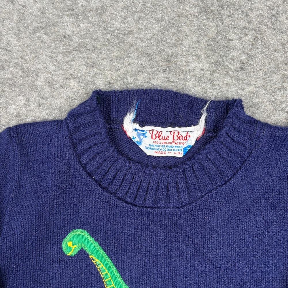 Blue Bird Dinosaur Sweater Kids Navy Blue Vintage 70s 80s Brontosaurus Knit - Picture 5 of 10